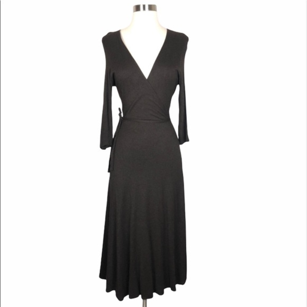 Eileen Fisher Brown Deep V-Neck Midi‎ 3/4 Sleeve Wrap Dress Size Small.